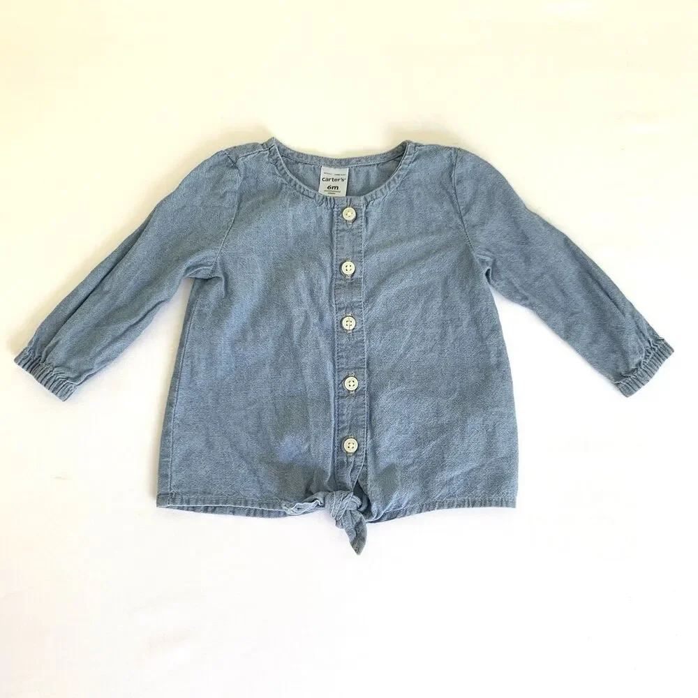 Carters Button Up Shirt Baby Girl‎ 6 Months Blue Chambray Denim Tie Front Boho